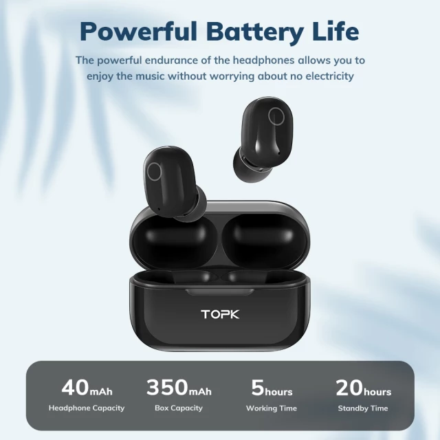 TOPK – écouteurs sans fil Bluetooth V5.0 T12,  à commande tactile, batterie 350mAh NOIR