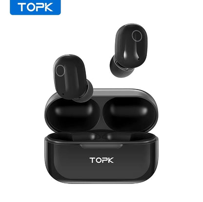 TOPK – écouteurs sans fil Bluetooth V5.0 T12,  à commande tactile, batterie 350mAh NOIR