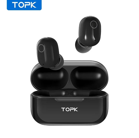 TOPK – écouteurs sans fil Bluetooth V5.0 T12,  à commande tactile, batterie 350mAh NOIR